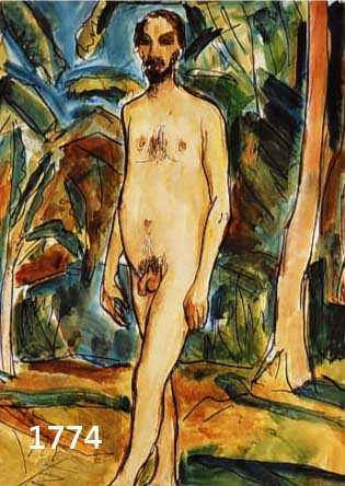 UNBEKANNTER KÜNSTLER, UMKREIS BLAUER REITER, UM 1910, STEHENDER MÄNNLICHER AKT IN LAND- SCHAFT, GOUACHE AUF PAPIER, KNITTERFALTIG, CA. 38,5 X 28 ...
