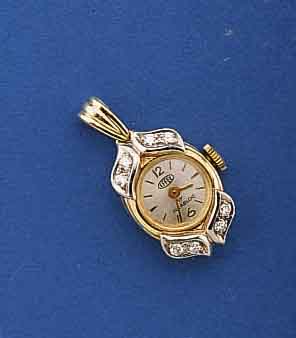 EFFEE DAMENANHÄNGEUHR AUS DAMENARMBANDUHR, GOLDSCHMIEDEARBEIT, GG 585/000, BODEN GEDR., LÜNETTE M. 8 IN WG GEF. DIAMANTEN, SCHWEIZ/ DEUTSCHLAND ...