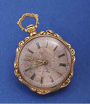 DAMENTASCHENUHR/ANHÄNGEUHR, FRANKREICH UM 1850, GG 750/000, RAND WIE PENDANT UND BÜGEL, REL., SILBERZIFFERBL., IM ZENTR. SCHMUCKGRAV., ZEIGER ...