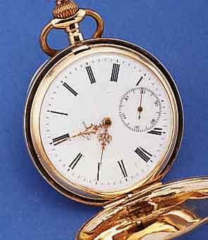 TRESOR HERRENTASCHENUHR SAVONETTE, ROSE-G. 585/000, BEIDE SCHALEN SYM. GUILL., SOGEN. HOCHZEITSUHR M. DOPPELMONOGR. IM SPRUNGDECKEL, SCHWEIZ UM ...
