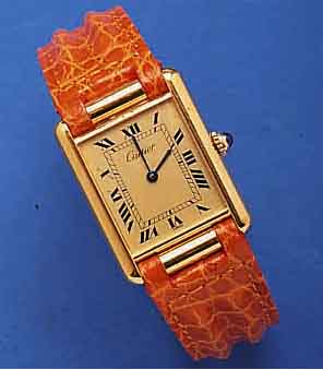 CARTIER ARMBANDUHR TANK, SCHWEIZ UM 1994, STERLINGSILBER 20 MICRON GG-AUFL., BOMB. MINERALGL., SCHMUCKKRONE, LEDERB. M. VERG. METALLFALTSCHL., ...