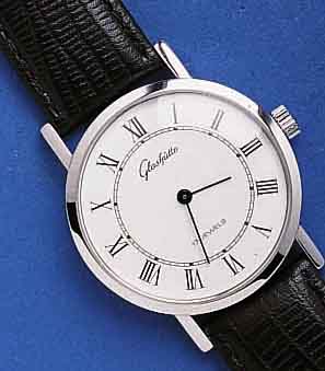 GLASHGLASHÜTTE HERRENARMBANDUHR, DEUTSCHLAND UM 1984, METALL VERCHR., EDELST.-BODEN GEDR., EMAILFARB. KONTRASTZIFFERBL., FORMANKERW., KAL. ...