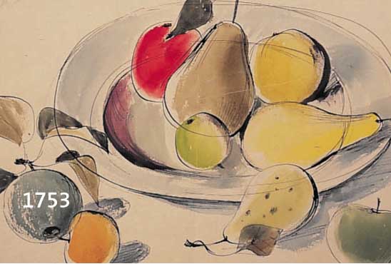 KALCKALCKREUTH, JO VON, GEB. 1912 STRAßBURG, STILLEBEN MIT OBST, TUSCHFEDER UND AQUARELL AUF PAPIER, LI. U. SIGN. UND DAT. 71, CA. 22 X 32 CM, ...