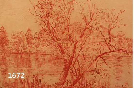 SPIRO, EUGEN, 1874-1972, BLICK AUF EIN GEBÄUDE ÜBER EINEN SEE, RÖTEL- ZEICHNUNG, RE. U. SIGN. UND DAT. 21, CA. 26 X 38 CM, PP, U.GL., R.