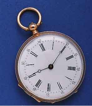 DAMENTASCHENUHR, SCHWEIZ UM 1875, ROSE-G. 750/000, SCHLÜSSELAUFZUG, EMAILBL., GEBL. BREG.-STAHLZEIGER, ORIG.-ETUI, SCHLÜSSEL ANBEI VERG. ...