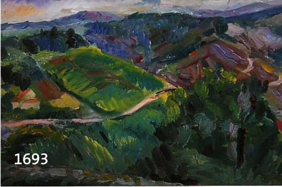 KLEPZIG, RICHARD, STUTTGART 1902-1988, HÜGELIGE BEWALDETE LANDSCHAFT, ÖL/HARTFASER, RE. U. SIGN., CA. 43 X 53 CM, R.