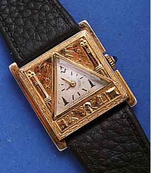 FREIMAURERARMBANDUHR, SCHWEIZ/USA UM 1945, GG-FILLED, EDELST.-BODEN GEDR., BLATT PROV. REST., RUNDANKERW., 16 ST., HANDAUFZUG, SCHR.-UNR., ...
