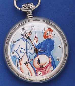 DOXA HERRENTASCHENUHR OFFEN, ARGENTANGEH., ZIFFERBL. NACHTR. BEMALT U. M. EIND. EROTI- SCHER SZENE BEWEGL. BEMALT, 15 ST., NICKEL- ANKERW., UM ...