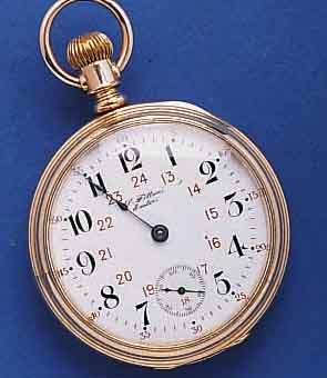 HAMILTON SCHWERE OFFENE HERRENTASCHENUHR, METALL M. RG-AUFL., USA UM 1912, EMAILBL. M. VERKÄUFERSIGN. (S. FITTON, EXETER), ZWEITGEH. VON CWC & ...