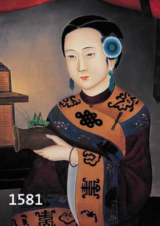 HINHINTERGLASMALEREI, CHINA, UM 1860, PORTRÄT EINER JUNGEN FRAU MIT HEUSCHRECKE, CA. 50 X 34,5 CM, R.