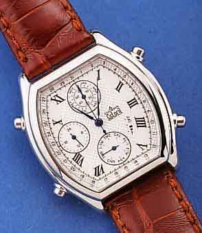 DUGENA ARMBANDCHRONOGRAPH ESTORIL, EDELST. POL., TONNENFORM, MINERALFLACHGL., MULTIFUNKT. , HIGH-TECH-QUARTZ-TECH.M.ANALOGANZ., ORIG. LEDERBD., ...