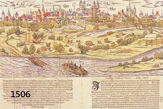 KONVOLUT VON 8 BLKONVOLUT VON 8 BLATT MIT ANSICHTEN VON SPEYER, 1.) KOLOR. HOLZSCHNITT AUS EINER DEUTSCHEN AUSGABE, SEB. MÜNSTER, AUF DER ...