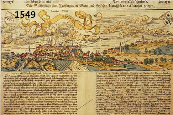 KONVOLUT VON 4 BLATT, MIT ANSICHTEN VON FREISINGEN BAYERN: 1.) KOLOR. HOLZSCHNITT AUS EINER DEUTSCHEN AUSGABE DES SEB. MÜNSTER, DIE BISCHOFFLICHE ...