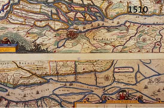 KOLOR. KKOLOR. KUPFERSTICHK. V. M. MERIAN, CA. 1640, NOBILIS FLUVUIS ALBIS LUNEBURGENSIS DUDATUS PARS EPISCOPATUS BREMENSIS ERTZ STIFT BREMEN, MIT ...