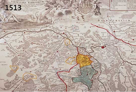 ALTKOLORALTKOLOR. KUPFERSTICHK. V. HOMANN, CA. 1740, GEOGR. DESCRIPTIO... PARTICULARE TERRITORIUM, ZEIGT OBERFRANKEN M. C. GEBIET KLOSTER BANZ ...