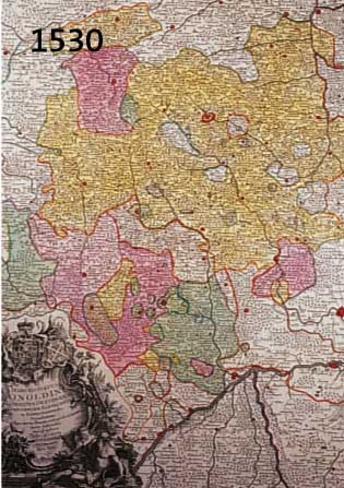 ALTKOLALTKOLOR. KUPFERSTICHK. V. LOTTER, CA. 1740, MARCHIONATUS ONOLDINI COMITATUS OETTINGENSIS (ZEIGT DIE MARKGRAFSCHAFT ANSBACH), UNTEN LI. ...