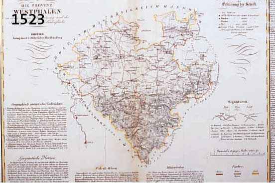 KONVOLUT VON KONVOLUT VON 4 BLATT, MIT ALTKOLOR. KARTEN VON WESTFALEN: 1.) ALTKOLOR. LITHO KARTE AUS DEM ATLAS VON DEM PREUSISCHEN STAATE GEOGR. ...