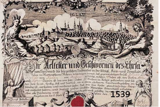 GESELLENBGESELLENBRIEF, IGLAU IN MÄHREN, 1781, AUF HANDGESCHÖPFTEM PAPIER MIT BUGFALTEN, OBEN ANSICHT DER STADT IGLAU MIT PERSONENSTAF- FAGE, ...