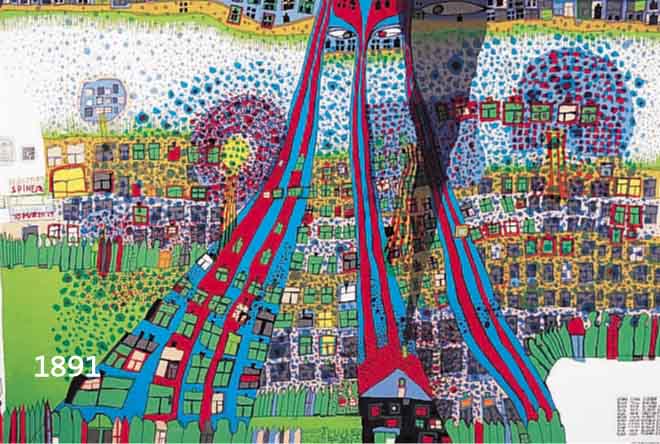 HUNDEHUNDERTWASSER, FRIEDENREICH, 1928-2000, SMOKE FENCE EYERIVER, FARBSIEBDRUCK MIT METALLFOLIENPRÄGUNG, NUM. 242/428, HANDSIG- NIERT UND DAT. ...