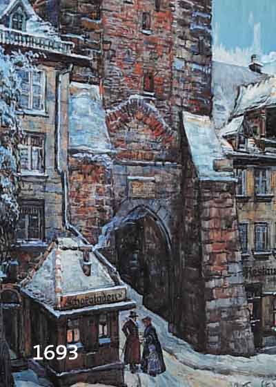TROST, FRIEDRICH, 1844-1922, WINTERANSICHT IN NÜRNBERG, DER INNERE LAUFER- SCHLAGTURM VON DER INNEREN LAUFERGASSE AUS, AQUARELL AUF PAPIER, RE. ...