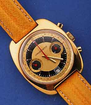 CHRONOSWISS ARMBANDCHRONOGRAPH, SCHWEIZ UM 1968, METALL HARTVERG., EDELST.-BOD. GESCHR., 45 MIN.-STOPPZ., DAT. BEI 6, 17 ST., HANDAUF- ZUG, ...