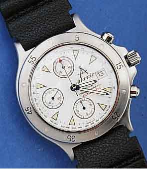 ATLANTIC ARMBANDCHRONOGRAPH AUTOMATIK MODELL MARINER, SCHWEIZ 2000, EDELST. MATT., BODEN U. KRONE GESCHR., BEI FERTIGST. WASSERD., BOMB. ...