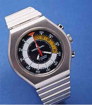 MEMOSAMEMOSAIL ARMBANDCHRONOGRAPH FÜR DEN SEGELSPORT , SCHWEIZ UM 1973, EDELST., EDELST.-BAND, NEUTR. ETUI, BODEN GESCHR., COUNT-DOWN-ANZ. 10 ...