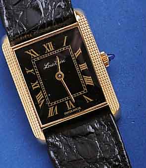 LOUISLOUIS ERARD HERRENARMBANDUHR, SCHWEIZ UM 1990, UNGETR., METALL HARTVERG., EDELST.- BODEN GEDR., SCHMUCKKRONE, FORMANKERW., HANDAUFZUG, 17 ...