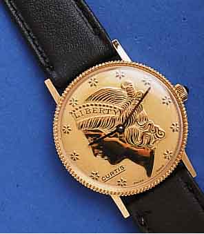 CURTICURTIS ARMBANDUHR IN FORM EINER 20 GOLDDOLLAR- MÜNZE DER USA, METALL VERG., BODEN GEDR., SCHMUCKKRONE, RUNDANKERW., BASISKAL. PESEUX 7056, ...