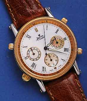 BARONE BARONE ARMBANDUHR MIT CHRONOGRAPHENFUNKTION, DEUTSCHLAND UM 1995, METALL TEILW. RHOD., TEILW. ROTVERG., EMAILFARB. KONTRASTZIFFERBL., ...
