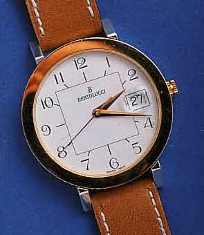 BERTOBERTOLUCCI DESIGNERARMBANDUHR, METALL RHOD., TEILW. VERG., MINERALLUPENGL., HIGH-TECH- QUARTZW. M. SEK.-TAKT U. DATUM, EMAILFARB. BLATT, ...
