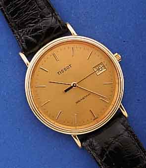 TISSOT HERRENARMBANDUHR SEASTAR, SCHWEIZ UM 1998, GG 750/000, FLACHAUSF., BOD. AUFGEDR., SAPHIRFLACHGL., BEI FERT. WASSERGES., SAT. VERG. BL., ...