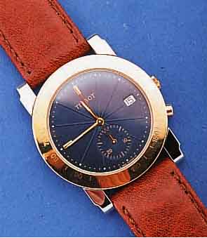 TISSOT ARMBCHRONOGRAPH, UNGETR. LAGERWARE, SCHWEIZ UM 1997, EDELST. POL., LÜN., DRÜCKER U. KRONE ROSEVERG., NEUTR. LEDERBD., SAPHIR- FLACHGL., ...