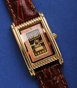 CREDIT CREDIT SUISSE GOLDBARREN DAMENARMBANDUHR, SCHWEIZ, UNGETR. UM 1995, METALL, RECT.-FORM, HARTVERG., EDELST.-BODEN GEDR., HIGH-TECH- ...
