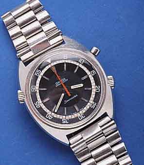 OMEGA ARMBANDCHRONOGRAPH SEAMASTER CHRONOSTOP, SCHWEIZ 1969, EDELST. INCL. EDELST.-BAND BODEN GESCHR., ZIFFERBL.-AUßENKRANZ M. 60ER TEILUNG ...