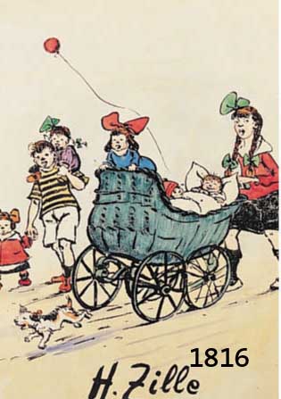 ZILLZILLE, HEINRICH, 1858-1929, SINGENDE KINDER MIT KINDERWAGEN, LITHOGRAPHIE VON 1924, IM STEIN SIGNIERT, VOM KÜNSTLER HANDKOLORIERT, CA. 27 X ...