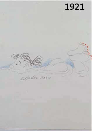 KADEN, SIEGFRIED: DIE NACKTE SCHWIMMERIN, BLEI- UND FARBSTIFTZEICHNUNG AUS 2000, HAND- SIGNIERT UND DAT., CA. 8 X 17 CM, PP, R.