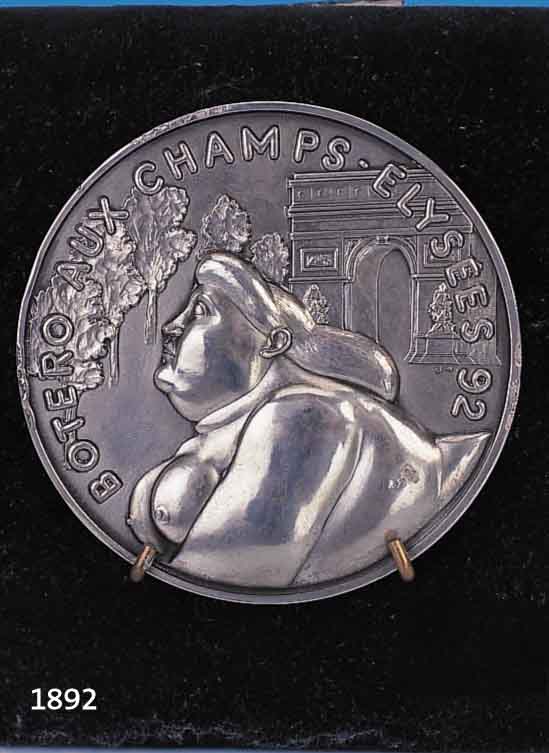 BOTERO, FERNANDO, GEB. 1932, PLAKETTE ZUR AUSSTELLUNG: BOTERO AUX CHAMPS ELYSEES 1892, 800ER SILBER, NUM, 89/200, REVERS SELBSTPORTRÄT, D. CA. ...