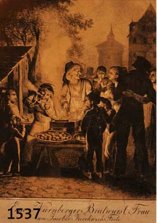 BUCHBUCHNER, G.P., NÜRNBERG, UM 1820, EINE NÜRNBERGER BRATWURST FRAU AM JACOBER KIRCHWEIH FESTE, CA. 26,5 X 21 CM, GEBRÄUNT, LEICHT ...