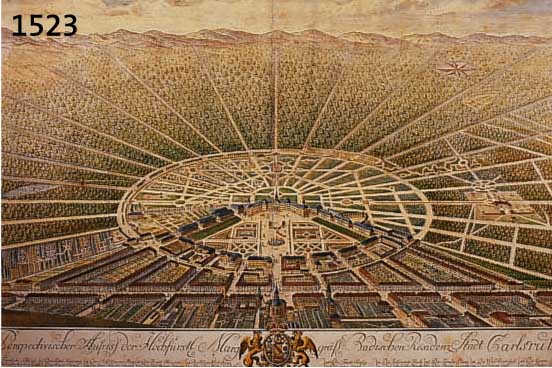 KUPFERSTICH, FISCHER, UM 1770, ANSICHT VON KARLSRUHE, BUGFALTEN, ALTKOLORIERT, L. RISSIG BZW. ALTERSSCHÄDEN, GEBRÄUNT UND STOCKFLECKIG, BEZ.: ...