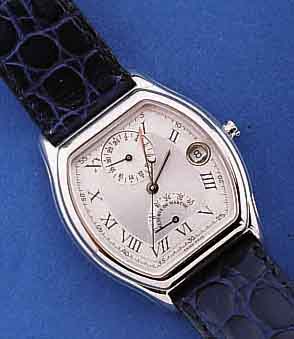 ETA HERRENARMBANDUHR, AUTOMATIK M. 24 STD.- ANZ. U. GANGRES., ZENTRALSEK., DAT., TONNEN- FÖRM. EDELST.-GEH. POL., BOD. AUFGEDR., SA- ...