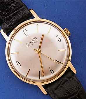 GLASHÜTTE HERRENARMBANDUHR, DEUTSCHLAND UM 1965, METALL, ROSE HART VERG., EDELST.BOD. AUFGED., LEDERBD. NEU, 17 ST., HANDAUFZ., KAL. 70,1, ...