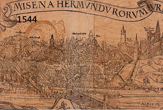 HOLZSTICH AUS SEBASTIAN MÜNSTER, UM 1550, ANSICHT DER STADT MEISSEN MIT DER BURG, LEICHT GEBRÄUNT, OBEN UND UNTEN BESCHNITTEN, CA. 21 X 41 CM