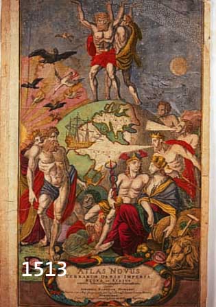 KOLORIERTER KUPFERSTICH, JOH. BAP. HOMANN NÜRNBERG, 16. JH., DECKBLATT EINES ATLAS MIT ALLEGORISCHEN FIGUREN, GEBRÄUNT, KNITTERFALTIG, RÄNDER ...