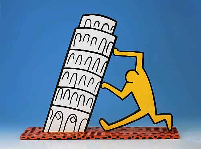 Haring, Keith, 1958-1990, "Pisa" Holzskuptur, bunt in Öl bemalt, auf dem Boden signiert, datiert 89 und betitelt, H. ca. 60 cm, B. ca. ...