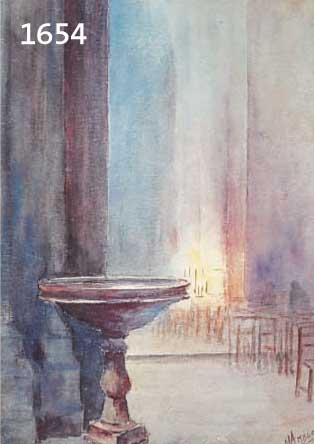 MAMBLMAMBLOT, FRANZÖSISCHER AQUARELLIST 19./20. JH., WEIHWASSERBECKEN DER KIRCHE LE NIZIER IN LYON, AQUARELL, SIGN., VERSO FRZ. BEZ., ...