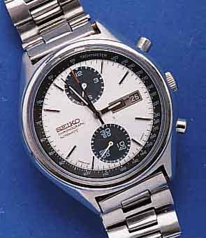 SEIKO ARMBANDCHRONOGRAPH AUTOMATIK, JAPAN UM 1974, EDELST., EDELST.-ORIG.-BAND, 30- MIN.- U. 12-STD.-STOPPZÄHLER, TAG U. DATUM, OHNE PERM. SEK., ...