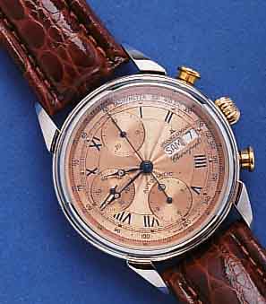 JAQUES LJAQUES LEMANS ARMBANDCHRONOGRAPH AUTOMATIK MIT TAG UND DATUM, SCHWEIZ UM 1997, EDELST. POL., BEIDS. MINERALVERGL., REF.-NR. 486, DRÜCKER ...