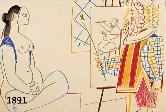 PICASSO, PABLO, DER MALER UND SEIN MODELL, FARBLITHOGRAPHIE AUS: THE HUMAN COMEDIE, MOURLOT PARIS 1954, RÄNDER LEICHT GEBRÄUNT, CA. 24 X 32 CM, ...