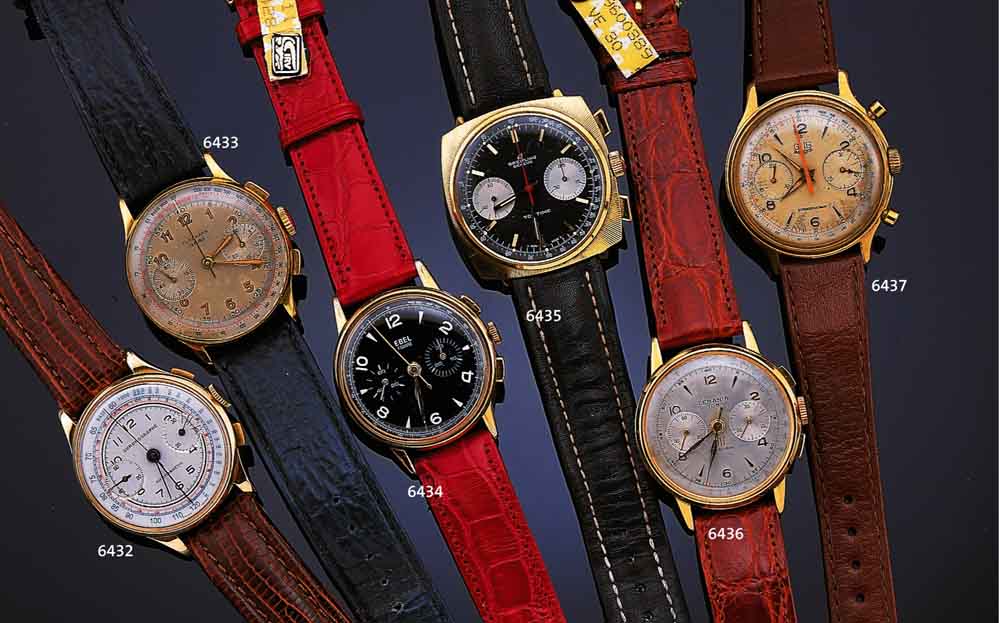 EBEL ARMBANDCHRONOGRAPH, SCHWEIZ UM 1952, METALL VERG., BER., EDELST.-BODEN U. GLASR. GEDR., KONTRASTZIFFERBL. REST., 30-MIN.-STOPP- ZÄHLER, ...